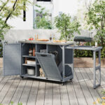 K&K 78.3 Outdoor Kitchen Island With Foldable Grill Table, Wooden Outdoor Grill Cart With Trash Can Storage & Stainless Steel Top, Outdoor Bar Cart, Pizza Oven Table For Lawn & Garden, Grey Blue