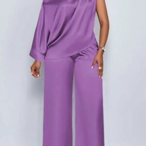 Spot 2026 European And American Cross-border Summer Casual Women's Satin Suit Slanted Collar Short-sleeved Top Trousers Set