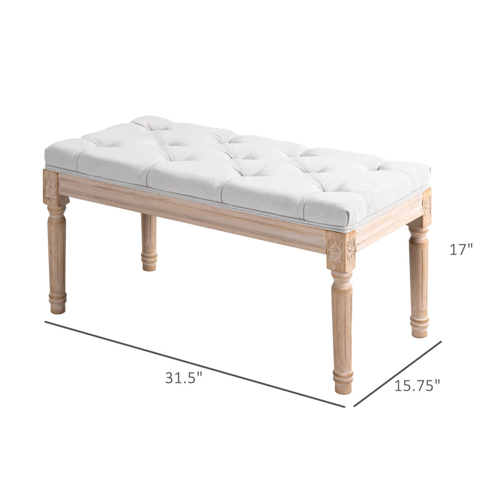 32" Linen Upholstered Bedroom Bench, French End of Bed Bench with Thick Padded Cushion and Wooden Legs, Cream White