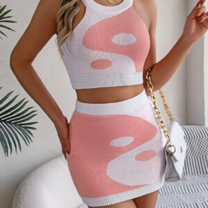 Women Color Block Cropped Top & Bodycon Skirt Knit Set