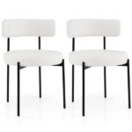 2 PCS White Sherpa Upholstered Dining Chair, Ergonomic Curved Backrest & Wide Round Seat