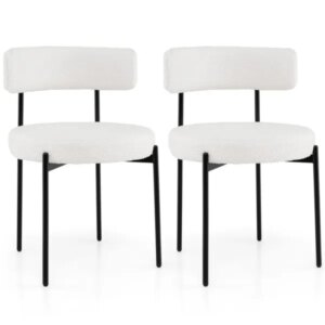 2 PCS White Sherpa Upholstered Dining Chair, Ergonomic Curved Backrest & Wide Round Seat