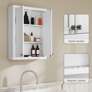 Bathroom Cabinet Wall Mounted, Modern Bathroom Wall Cabinet with 2 Doors and 2 Adjustable Shelves, White