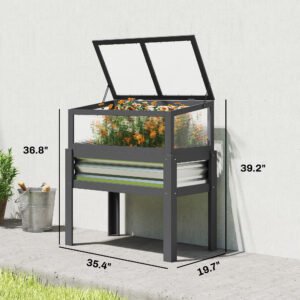 Raised Garden Bed with Flip-Up Mini Greenhouse, Elevated Planter Box with Legs and Bed Liner for Flowers, Vegetables
