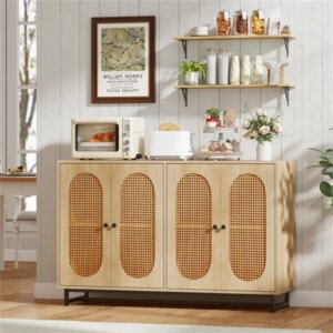 Natural PE Rattan Large Buffet Sideboard (50″), 4-Door Design With Removable Adjustable Shelves