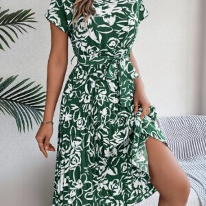 Women's Elegant Floral Print Short Sleeve Flowy Pleated Dress