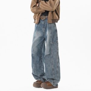 Retro Pleated Washed Denim Jeans Mens Straight-Leg Loose-Fit