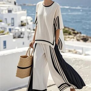 Women'S Loose Slit Contrast Striped Pants Set