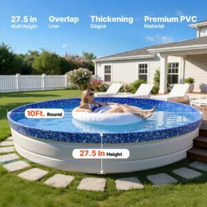 10ft Pool Liner, Round Overlap Swimming Pool Liner For 27.5 In Wall Height, Heavy Gauge Vinyl, Easy Install With Leak-Proof Patches, Designed For Steel Sided Above-Ground,Outdoor, Crystal
