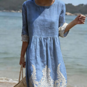 Women's Plant And Flower Print Round Neck Linen Blend Mid-Length Dress