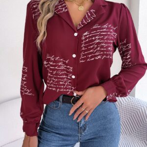 Women's Casual Versatile Letter Print Notched Lapel Long Sleeve Shirt