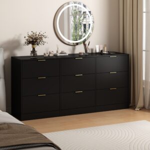 Black 9 Drawer Dresser, 63 Large Deep Chest Of Drawers, Wooden Dresser Storage Cabinet With 9 Drawers For Bedroom, Long Dressers For Living Room, Hallway