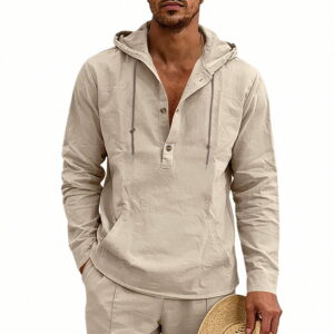 Linen Breathable Casual Mens Long-Sleeve Hooded Shirt