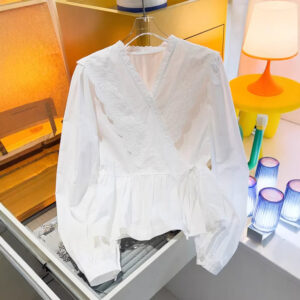 Womens Designer Lace Trim Long-Sleeve Casual Tie-Up Shirt Top