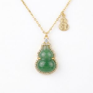 925 Sterling Silver Green Jadeite Gourd Pendant Necklace with Sparkling Accents and Lucky Charm