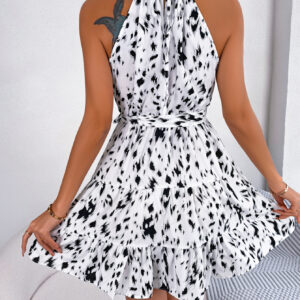 Women's Casual Leopard Print Ruffle Hem Flowy Halter Dress
