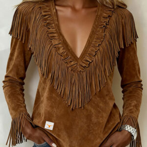 Tasseled Suede V-Neck Fashionable Slim-Fit Womens Blouse