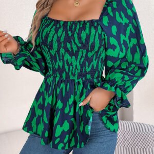 Women's Casual Ruffle Trim Square Neck Leopard Print Long Sleeve Chiffon Top