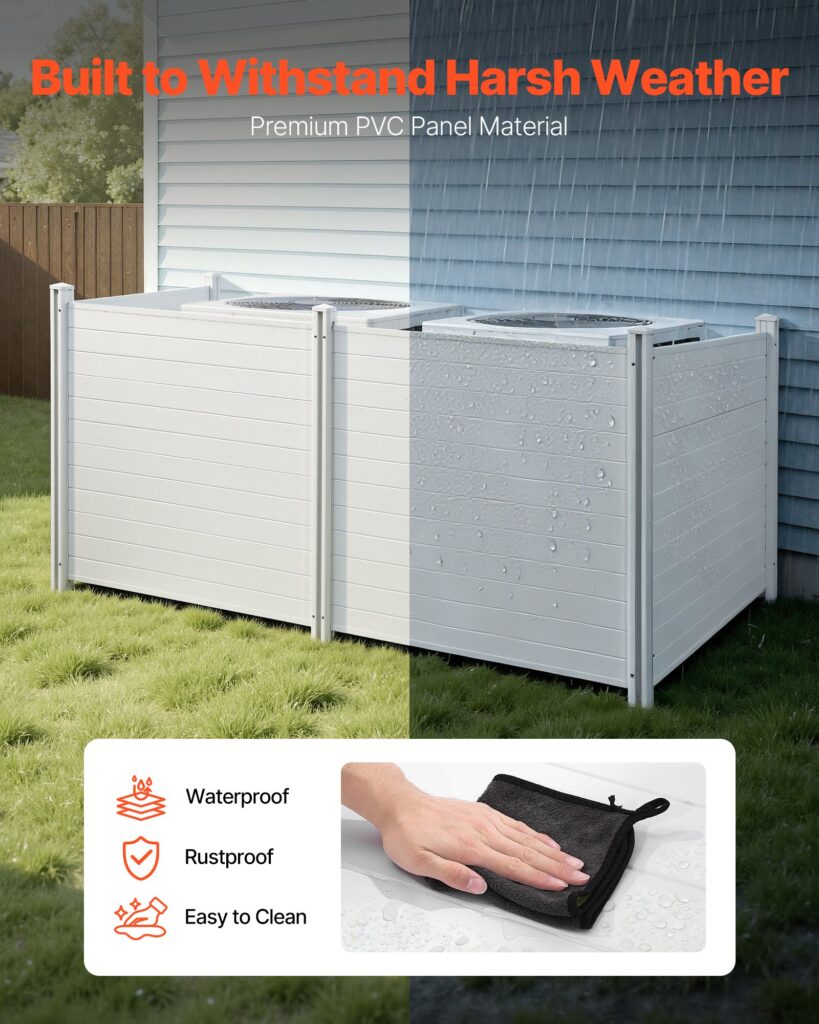 4 Panels Outdoor Privacy Screen, 50 X 50 In Air Conditioner Fence With 27.6 In Ground Stakes, Pool Equipment Enclosure, Horizontal Vinyl Privacy Fence, Ideal For Trash Can And A/C Units, White