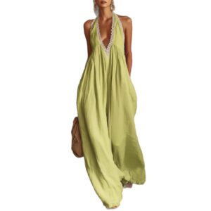 Casual And Comfortable Lace-trimmed Loose Linen Jumpsuit