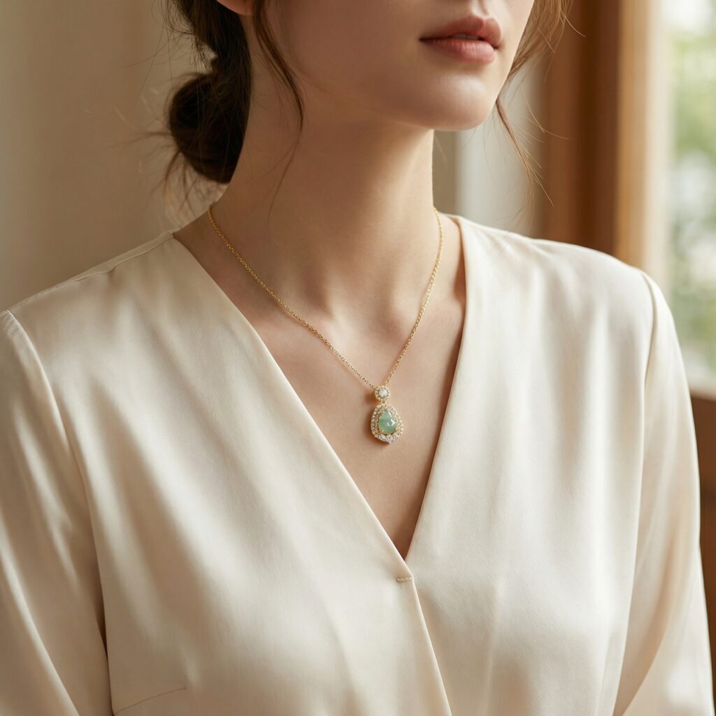 925 Sterling Silver Exquisite Green Jadeite Gourd Pendant Necklace with Shimmering Stone Embellishments