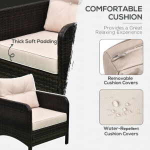 5 Pieces Rattan Wicker Lounge Chair Outdoor Patio Conversation Set with 2 Cushioned Chairs, 2 Ottomans and Tempered Glass Top Coffee Table, Brown/Beige