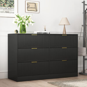 Modern 6-Drawer Dresser, Chest Of Drawers For Bedroom, Living Room, Hallway, And Entryway - Large Storage Cabinet, Black,Drawer Panel With Wavy Patterns