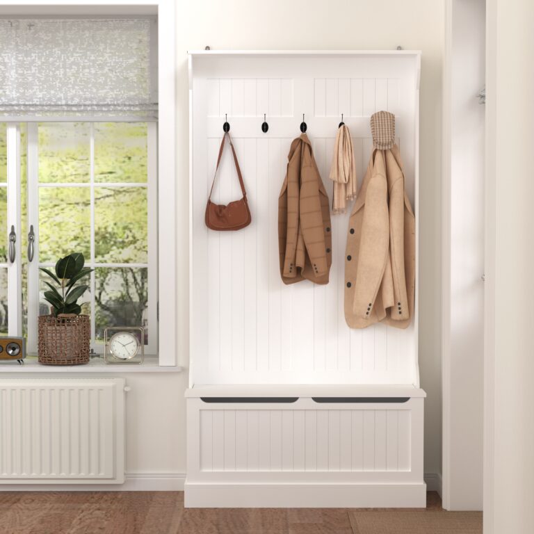 Entryway Bench With Standing Coat Rack, Hall Tree With Shoe Storage Bench, Entryway Organizer With 5 Hooks, White