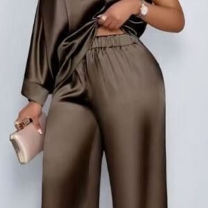 Spot 2026 European And American Cross-border Summer Casual Women's Satin Suit Slanted Collar Short-sleeved Top Trousers Set
