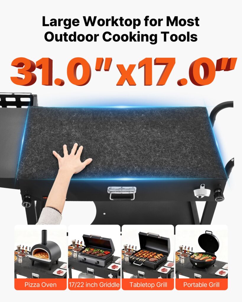 Outdoor Grill Cart, 31.0 X 17.0 Inch Tabletop Size Grilling Table, Foldable Outdoor Cooking Table With Tissue Holder, Hooks, Wheels, Side Table, BBQ Prep Tables For Picnic, Kitchen, Courtyard