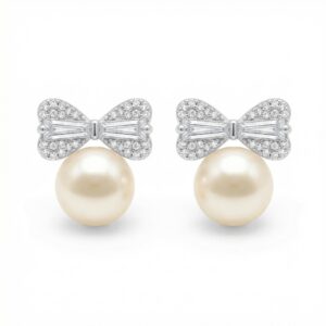 925 Sterling Silver Elegant Tahitian Pearl and Diamond Bow Stud Earrings