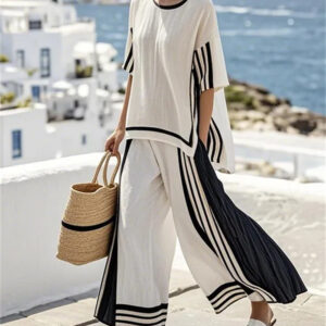 Women'S Loose Slit Contrast Striped Pants Set