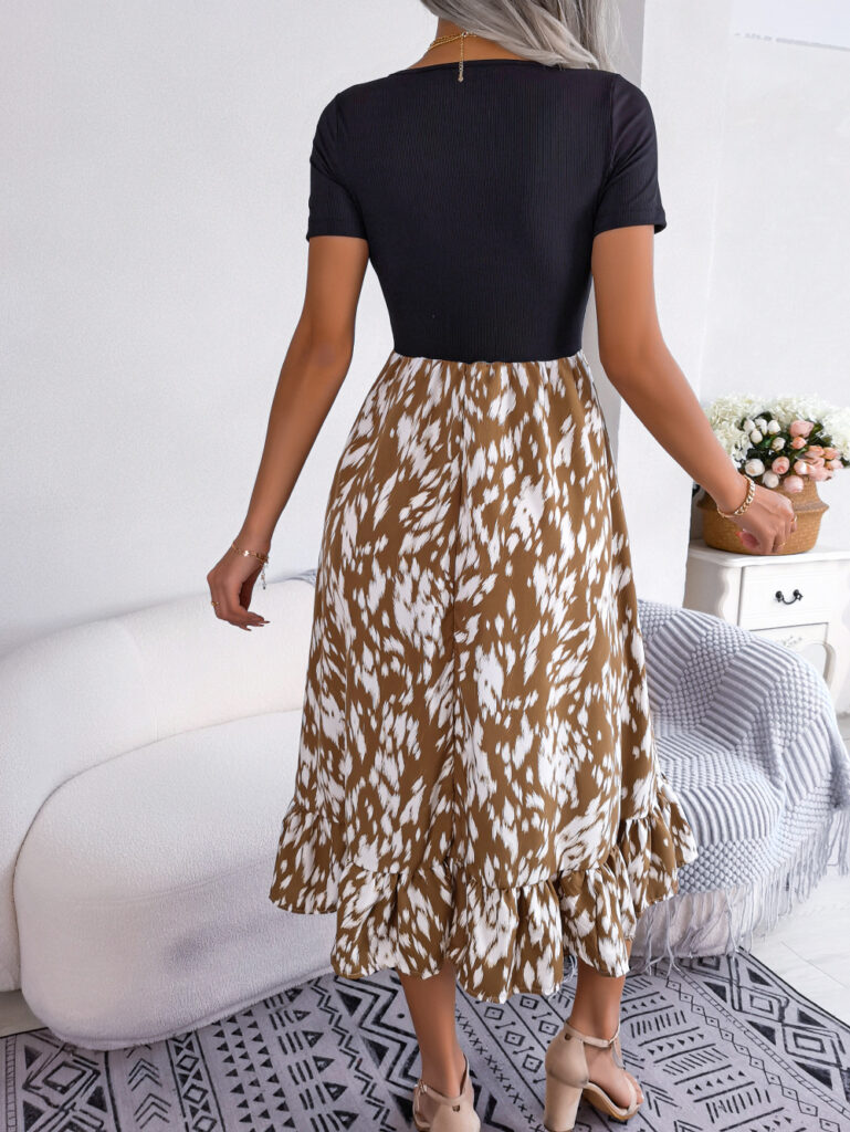 Women Casual Leopard Print Ruffle Midi Dress