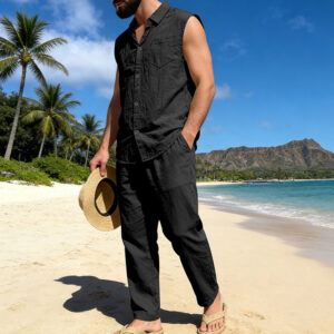 Mens Loose Linen Casual Sleeveless Shirt And Straight-Leg Pants Set