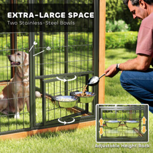 7' x 6' Extra Large Dog House, Wood Outdoor Dog Kennel with Storage Cabinet, Stainless Steel Bowls, Light Yellow