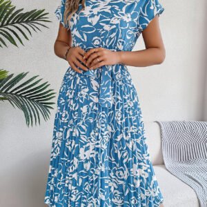 Women's Elegant Floral Print Short Sleeve Flowy Pleated Dress