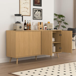 Sideboard Buffet Cabinet With Storage, Long Sideboard Storage Cabinet With 4 Doors, Wood Credenza Console Coffee Bar Cabinets With Adjustable Shelves For Living Room Kitchen Dining Room Natural