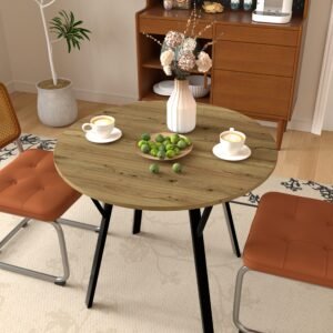 35.43 Inch Round Dining Table, Small Circle Kitchen Table With Metal Black Legs For 2-4 People,Modern Dining Room Table, Brown Only Table