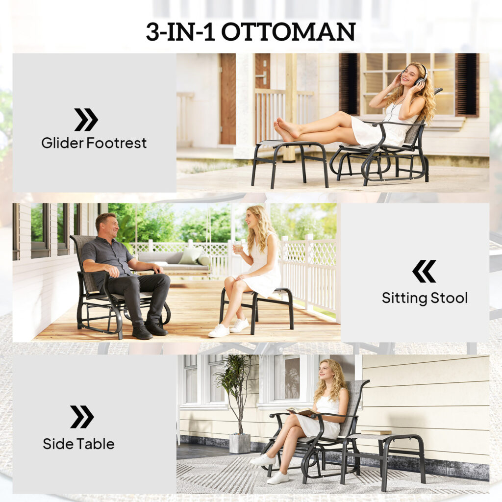 Outdoor Glider with Ottoman, Patio Glider Chair Set with High Back, Wide Seat for Porch, Garden, Backyard, Gray