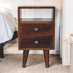 Solid Wood Mini Classic California Walnut Bedside, 2 Drawer, Brown
