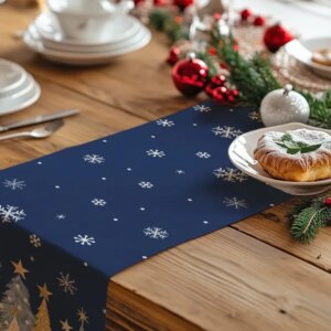 Christmas Table Runner 13×72 Inch, Xmas Trees Snowflakes Holiday Decorative Farmhouse Table Decoration For Kitchen Dinning, Indoor Outdoor Dinner Party Decor
