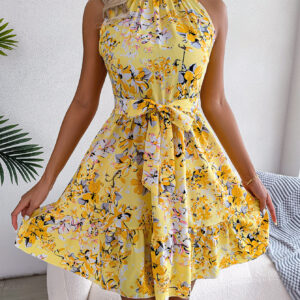 Women Elegant Tie Waist Ruffle Hem Flowy Floral Print Dress