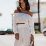 Short-sleeve Off-shoulder Top And Straight-leg Trousers Set