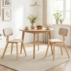 Set Of 2 Dining Chair Set (Beige & Natural), Teddy Velvet Upholstery & Plush Padded Design