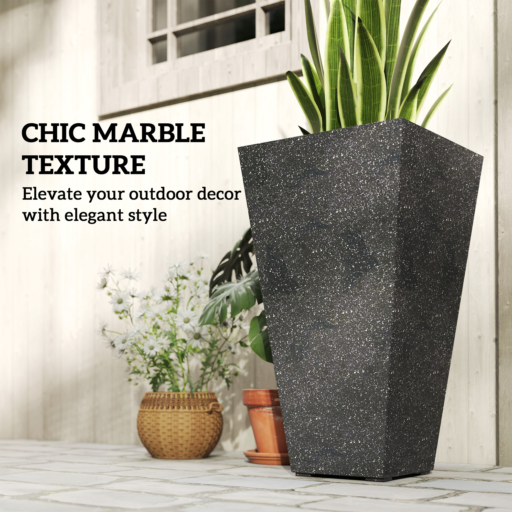 28″ Tall Planters, Set of 3 Plastic Flower Pots with Marble Finish and Drainage Holes, Stackable Taper Planters, Black