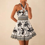 Printed Lace-up Sleeveless Halterneck Slip Dress For Women