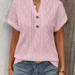 Fashionable Casual Solid-Color Buttoned V-Neck T-Shirt For Women