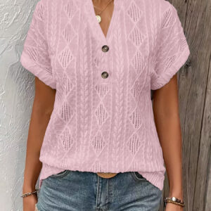 Fashionable Casual Solid-Color Buttoned V-Neck T-Shirt For Women