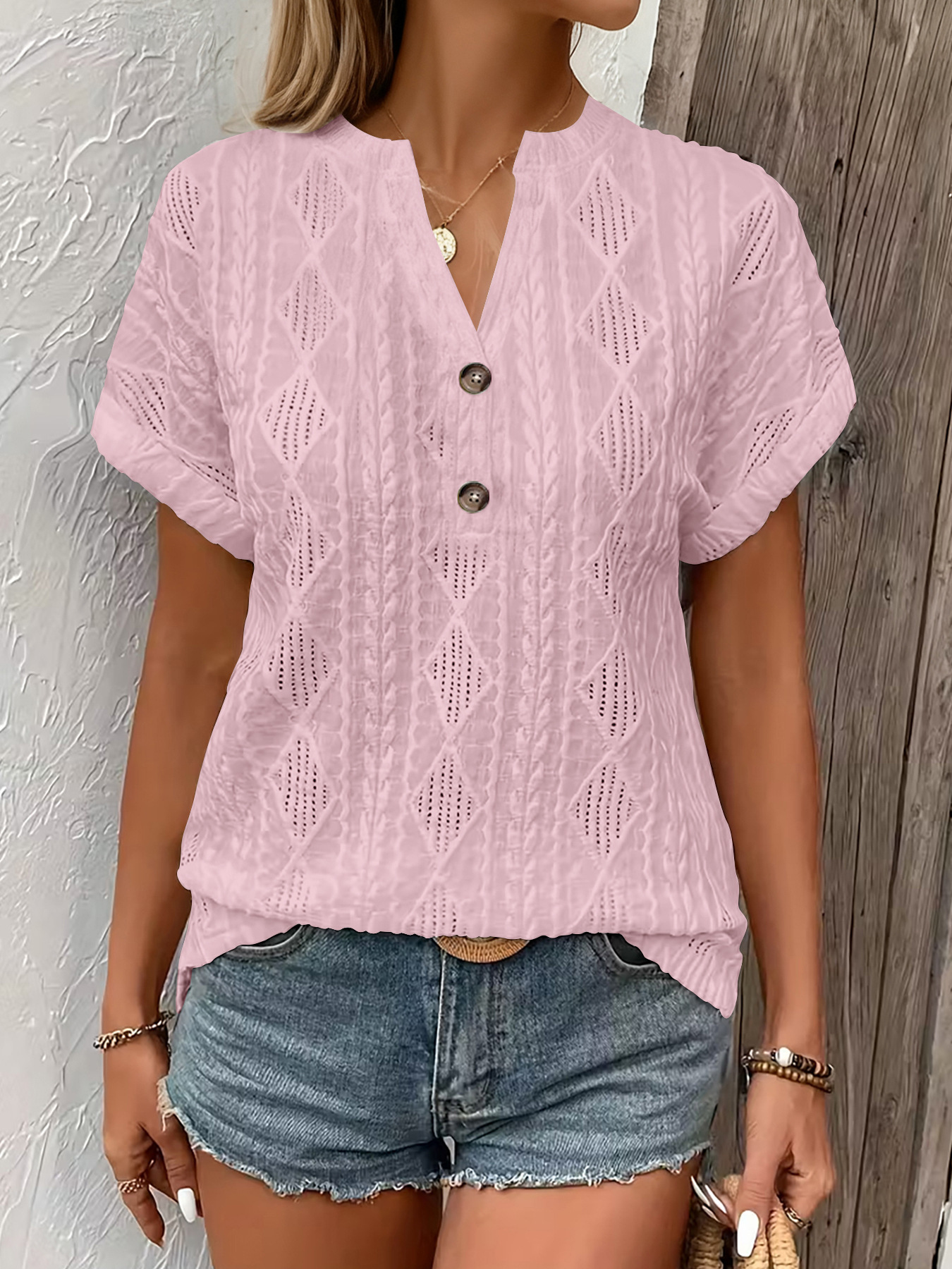 Fashionable Casual Solid-Color Buttoned V-Neck T-Shirt For Women