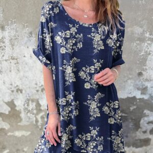 Fashionable Cinched Waist Round Neck Short-sleeve Printed Dress